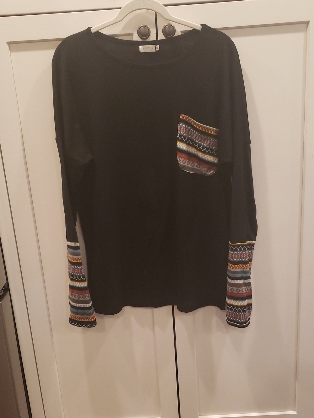 Long Sleeve Black Tee with Patterned Pocket and Cuffs